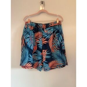 Speedo Mens Tropical Palm Leaf Print Swim Trunks Blue Peach Size Medium